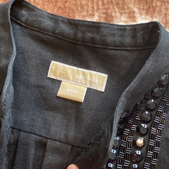 black 3/4 sleeve linen tunic dress Michael Kors beaded embellishments - Picture 6 of 7